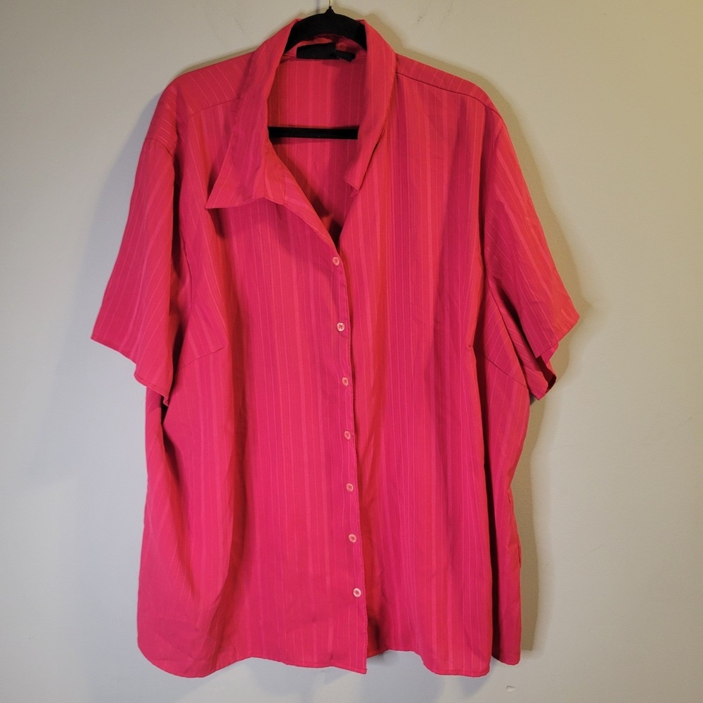 Maggie Barnes Pink Striped Button Up Shirt Womens 4X Short Sleeve Blouse Stretch